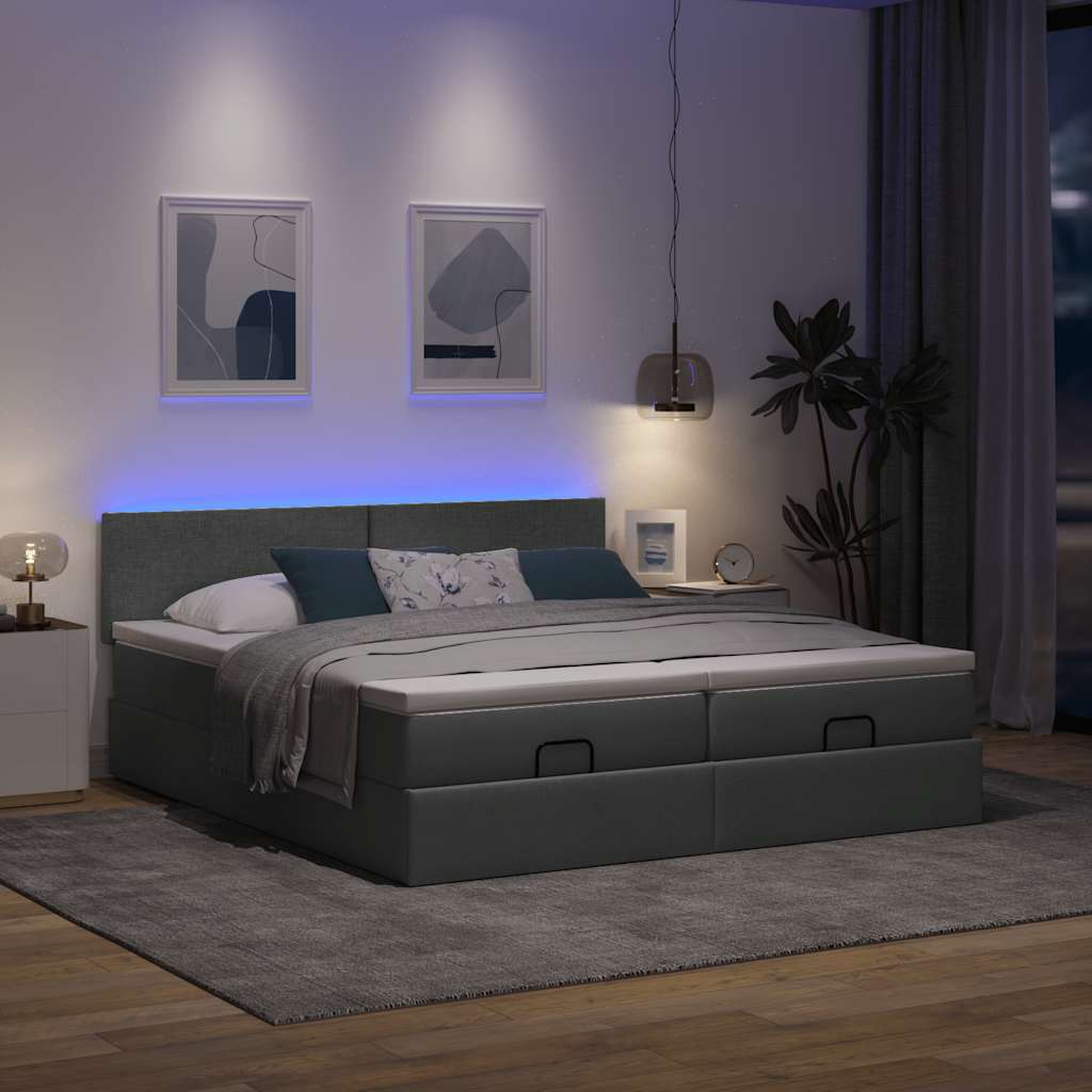 Ottoman bed with mattress &amp; LEDs dark grey 180x200 cm fabric