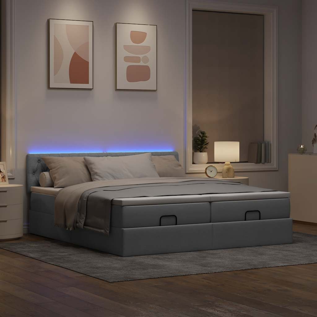 Ottoman bed with mattresses &amp; LEDs light grey 180x200 cm fabric