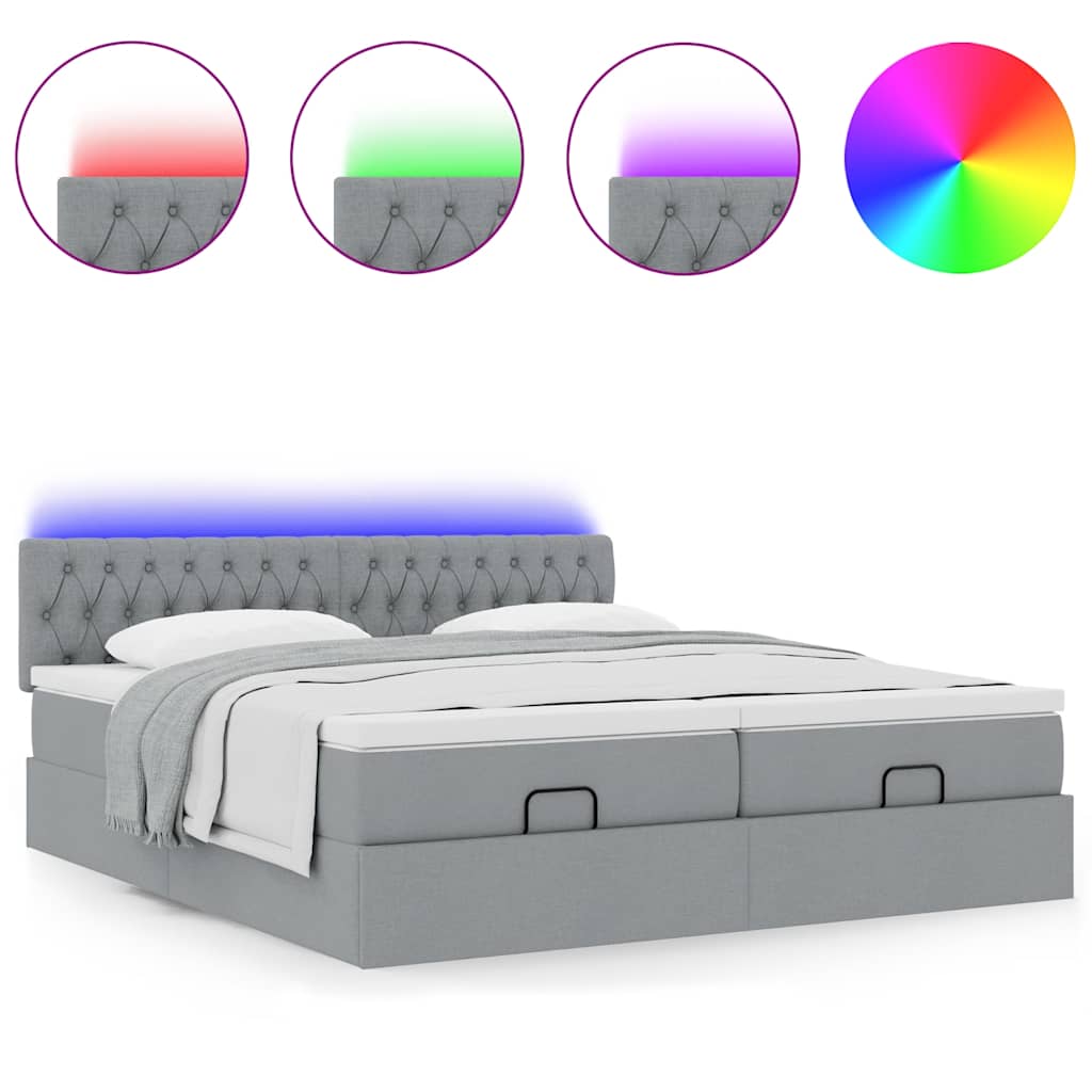 Ottoman bed with mattresses &amp; LEDs light grey 180x200 cm fabric