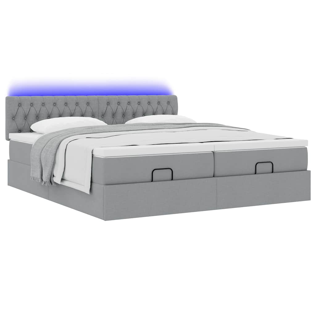 Ottoman bed with mattresses &amp; LEDs light grey 180x200 cm fabric