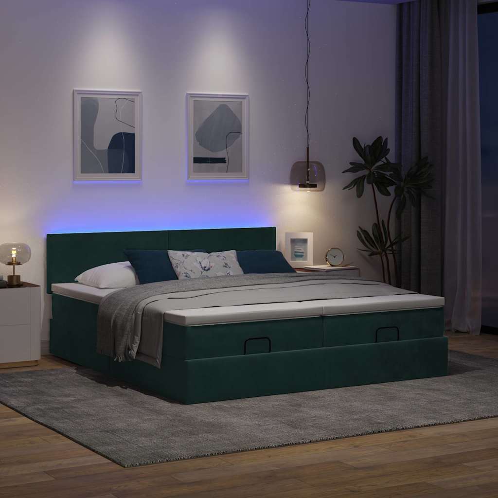 Ottoman-Bett mit Matratzen & LEDs Dunkelgrün 200x200 cm Samt
