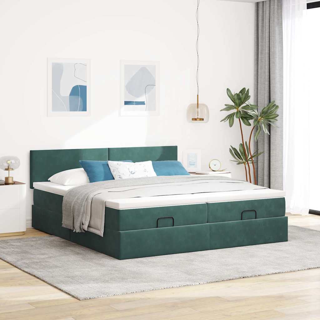 Ottoman-Bett mit Matratzen & LEDs Dunkelgrün 200x200 cm Samt