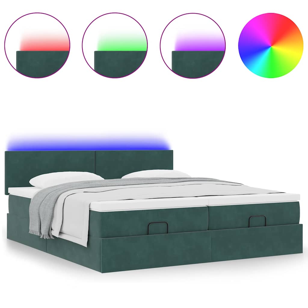 Ottoman-Bett mit Matratzen & LEDs Dunkelgrün 200x200 cm Samt