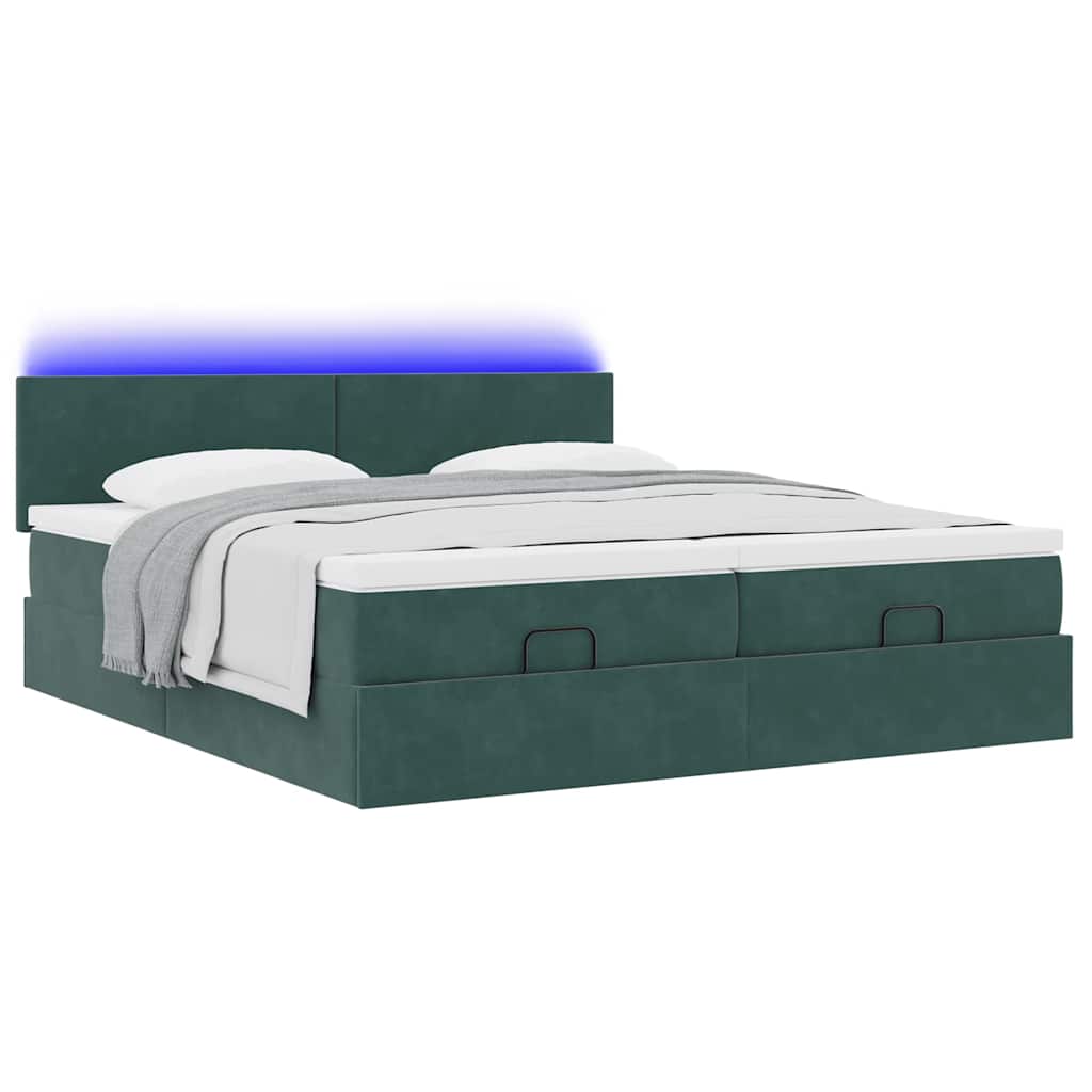 Ottoman-Bett mit Matratzen & LEDs Dunkelgrün 200x200 cm Samt