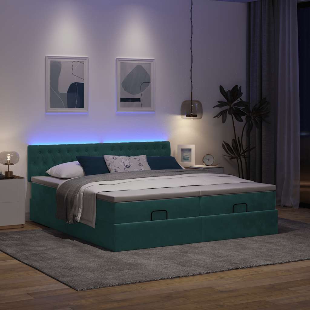 Ottoman-Bett mit Matratzen & LEDs Dunkelgrün 200x200 cm Samt