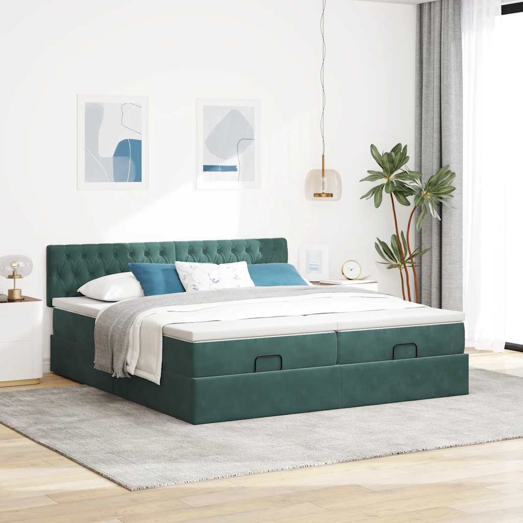 Ottoman-Bett mit Matratzen & LEDs Dunkelgrün 200x200 cm Samt
