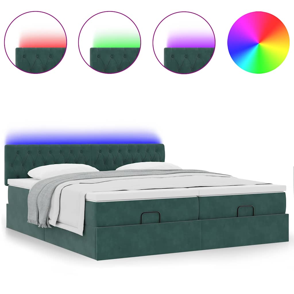 Ottoman-Bett mit Matratzen & LEDs Dunkelgrün 200x200 cm Samt