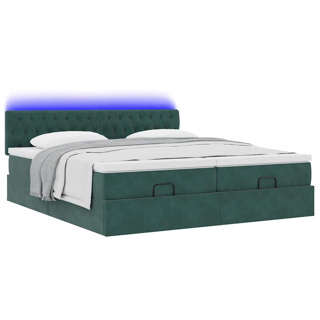 Ottoman-Bett mit Matratzen & LEDs Dunkelgrün 200x200 cm Samt