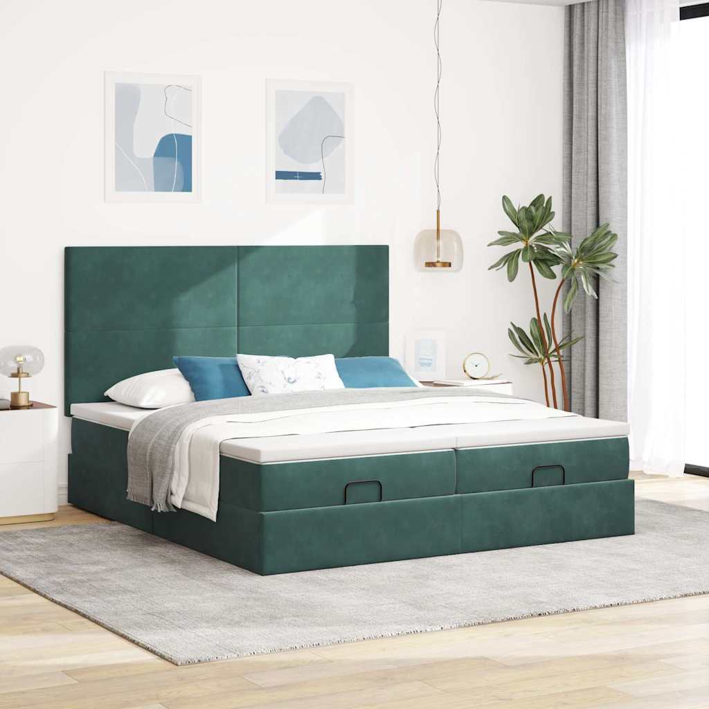 Ottoman bed with mattress dark green 200x200 cm velvet