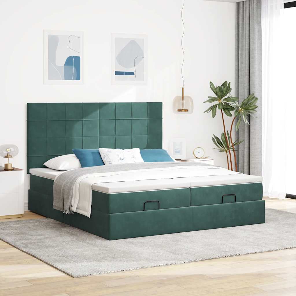 Ottoman bed with mattress dark green 200x200 cm velvet