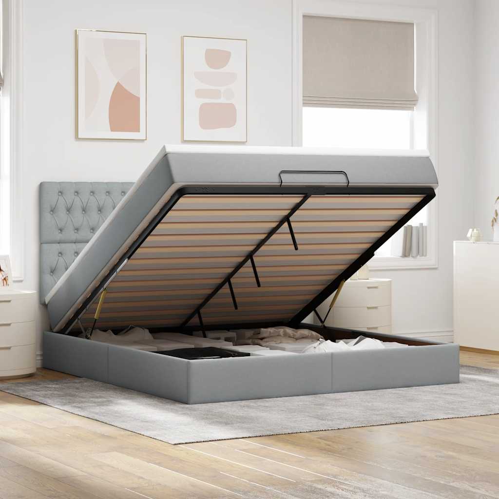 Ottoman-Bett mit Matratze & LEDs Hellgrau 180x200 cm Stoff