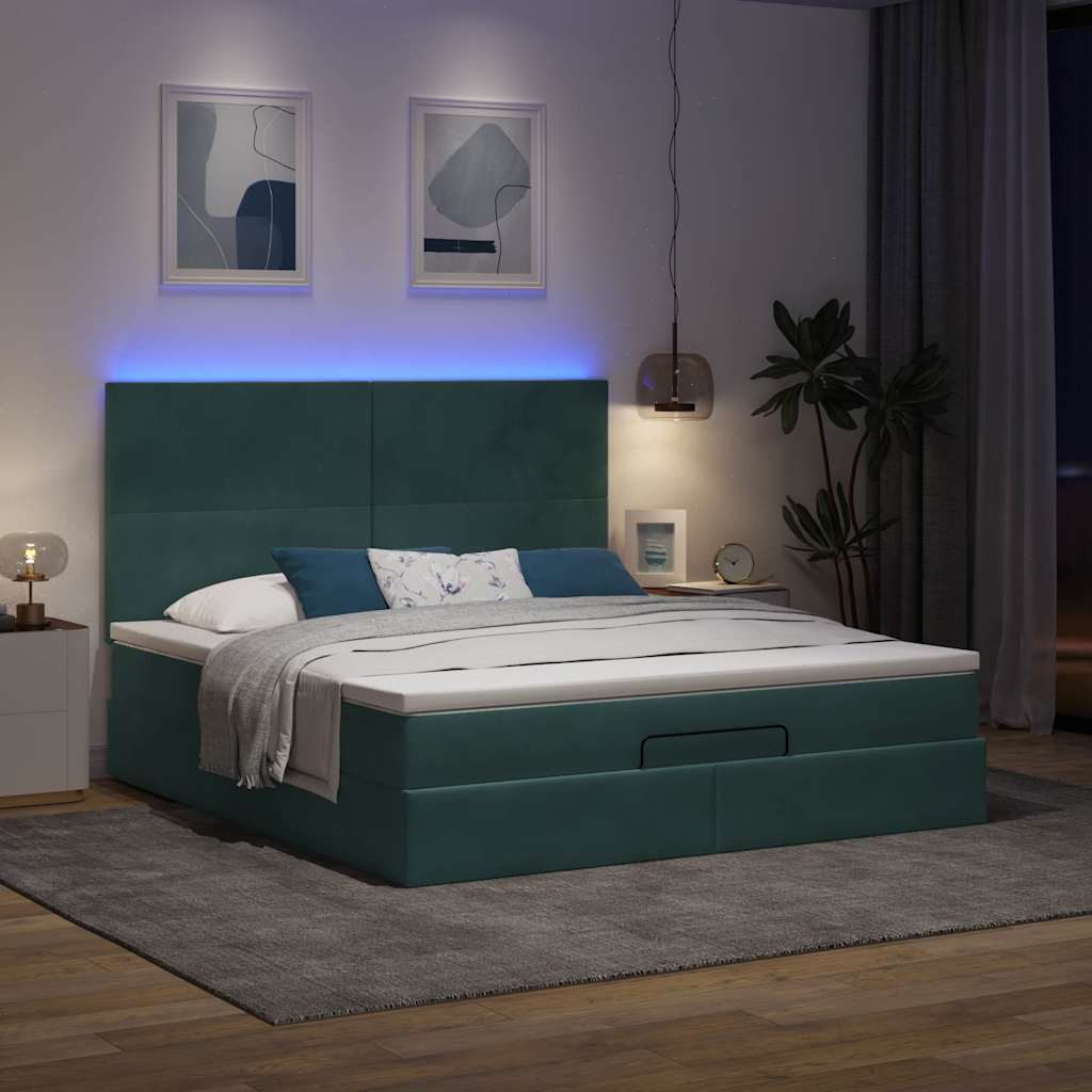 Ottoman-Bett mit Matratzen & LEDs Dunkelgrün 160x200 cm Samt