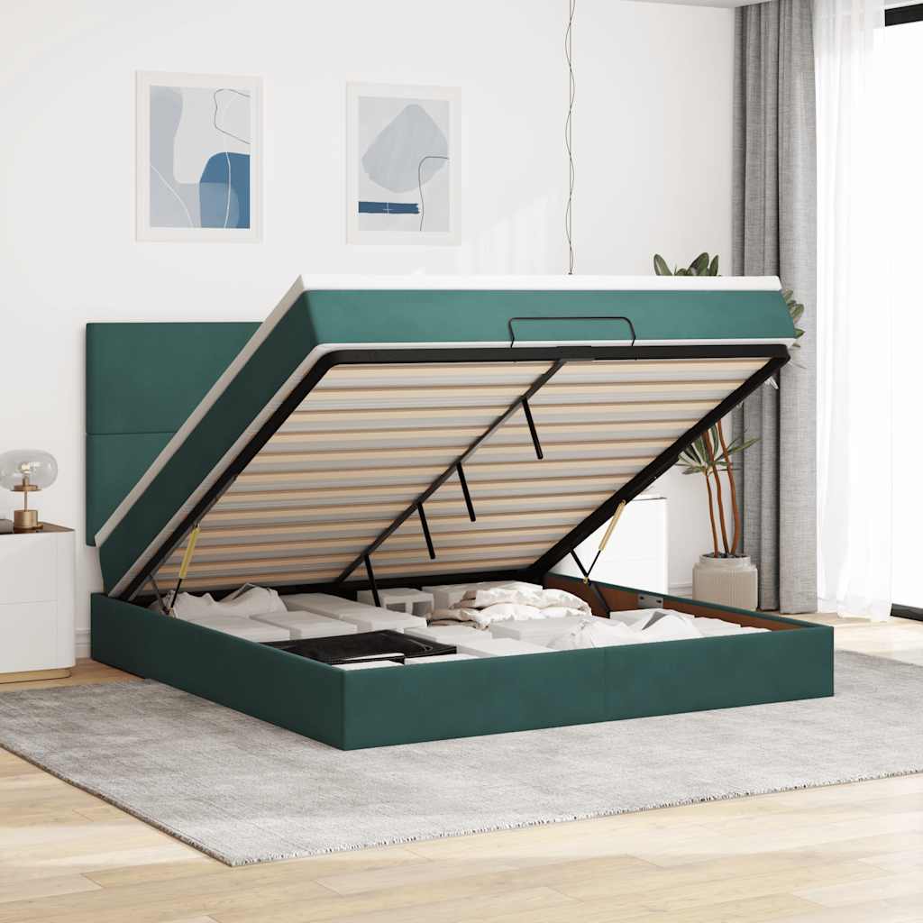 Ottoman-Bett mit Matratzen & LEDs Dunkelgrün 160x200 cm Samt