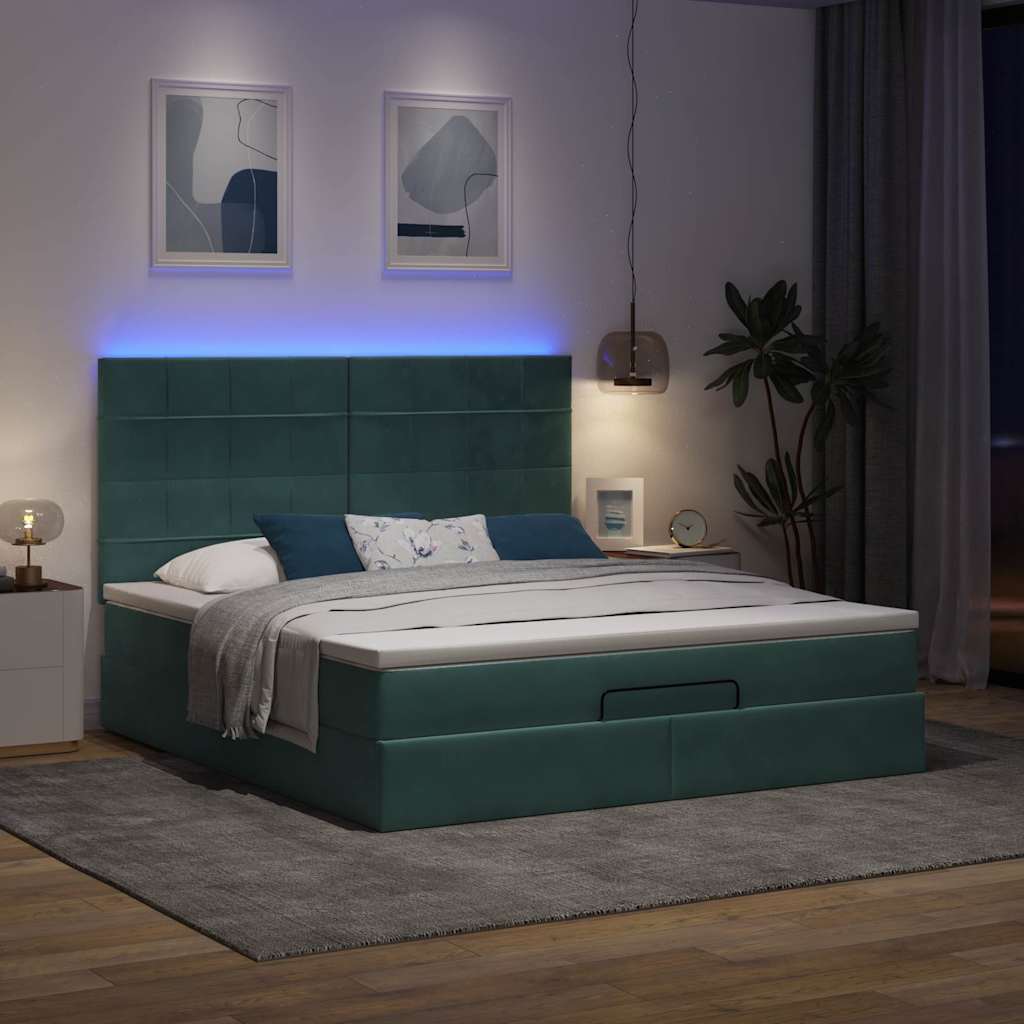 Ottoman bed with mattresses &amp; LEDs dark green 160x200 cm velvet