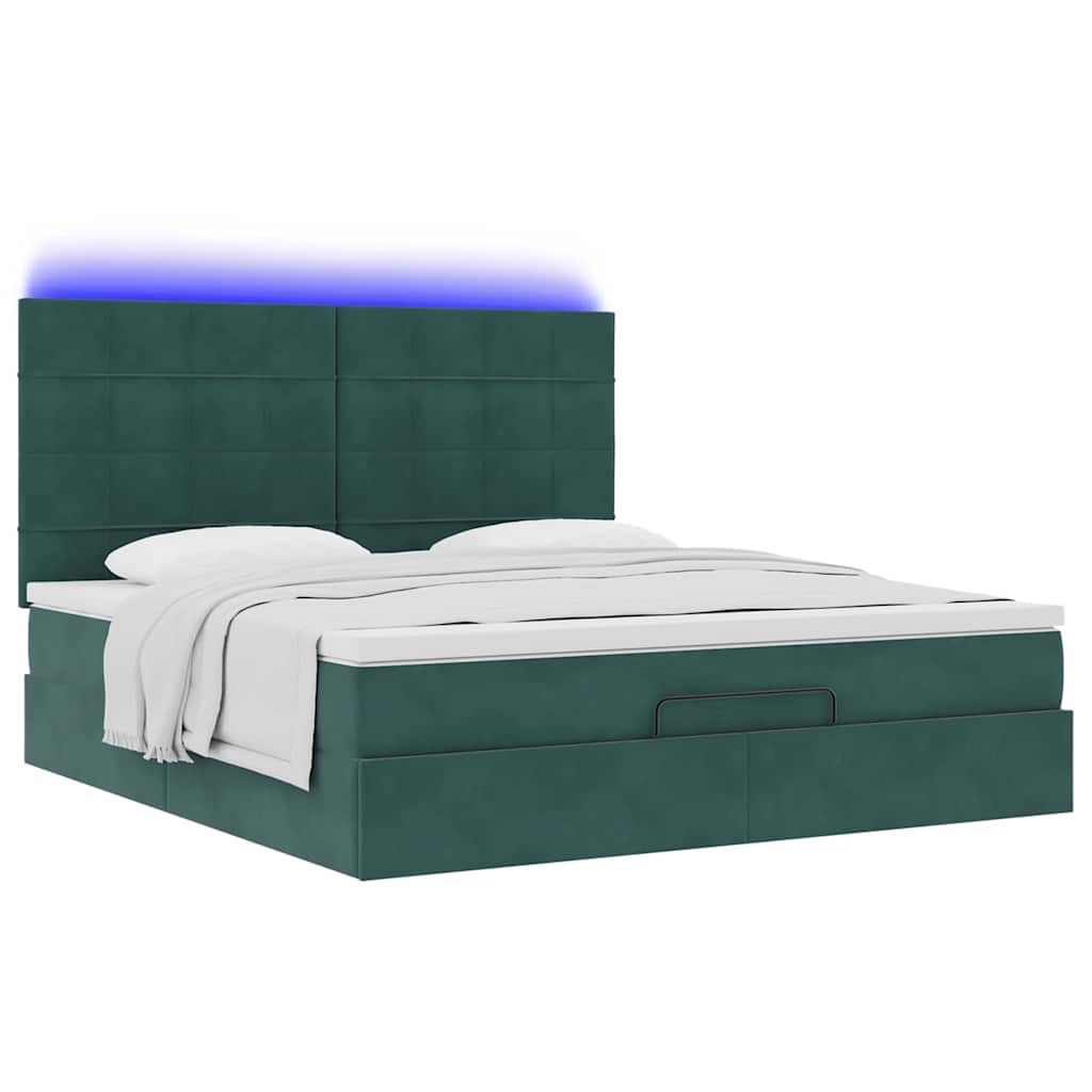 Ottoman bed with mattresses &amp; LEDs dark green 160x200 cm velvet