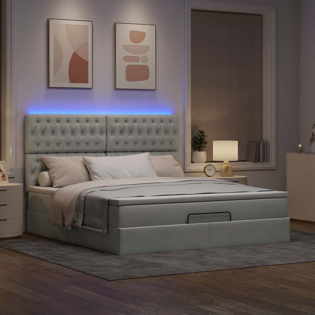 Ottoman bed with mattresses &amp; LEDs light grey 160x200 cm velvet