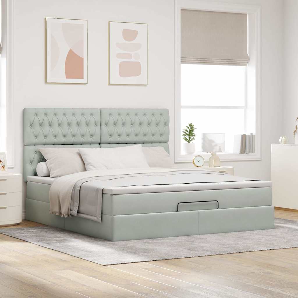 Ottoman bed with mattresses &amp; LEDs light grey 160x200 cm velvet