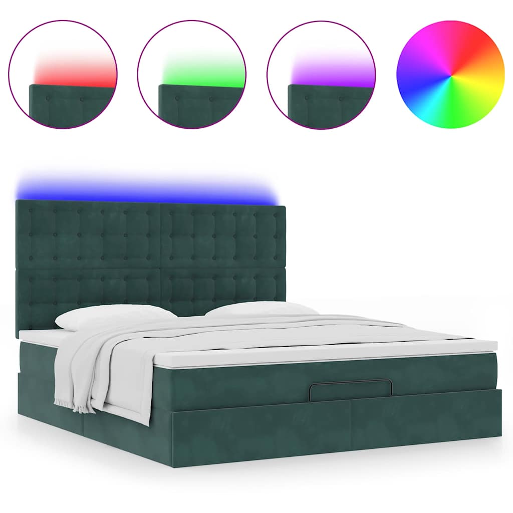 Ottoman-Bett mit Matratzen & LEDs Dunkelgrün 160x200 cm Samt