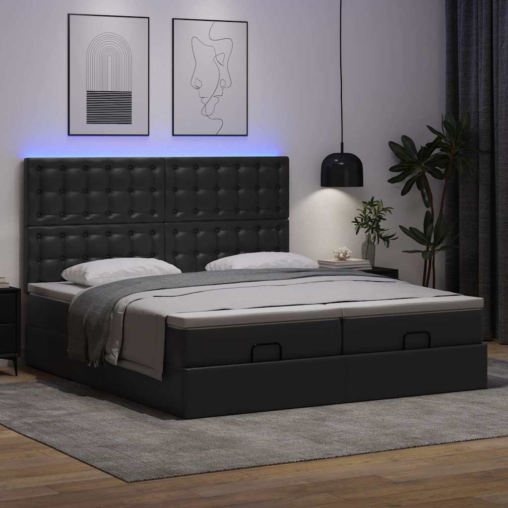 Ottoman-Bett mit Matratzen & LEDs Schwarz 200x200 cm Kunstleder