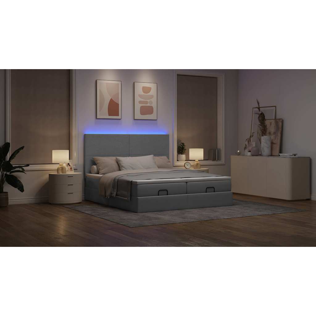 Ottoman-Bett mit Matratzen & LEDs Hellgrau 200x200 cm Stoff