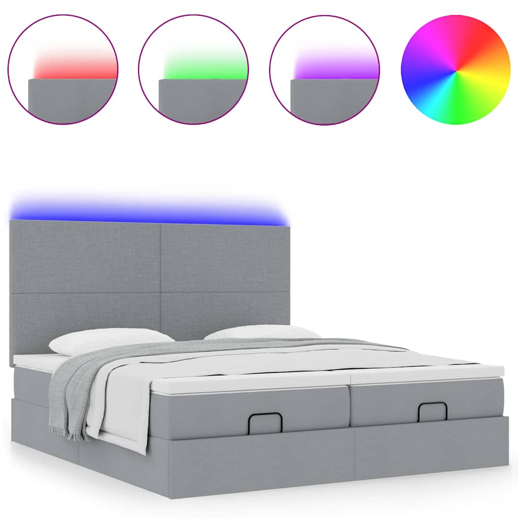 Ottoman-Bett mit Matratzen & LEDs Hellgrau 200x200 cm Stoff