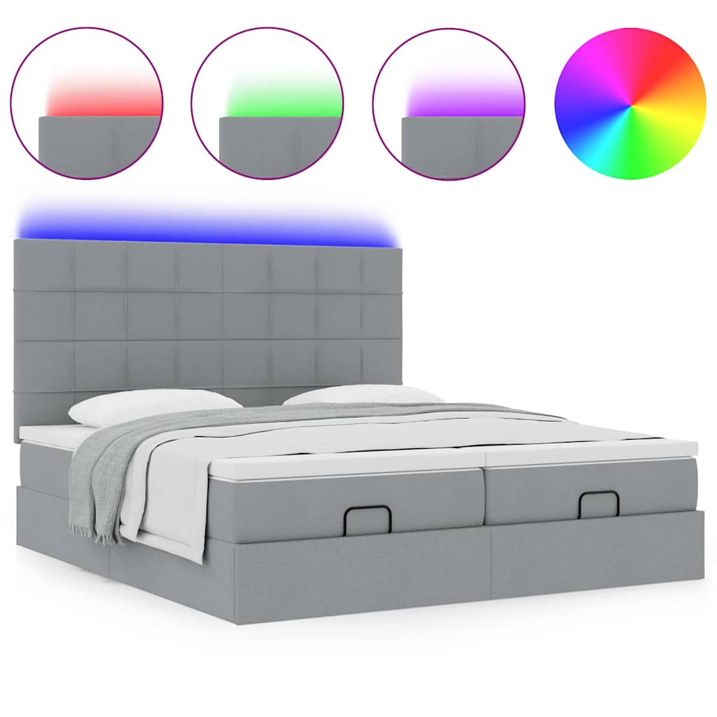 Ottoman bed with mattresses &amp; LEDs light grey 180x200 cm fabric