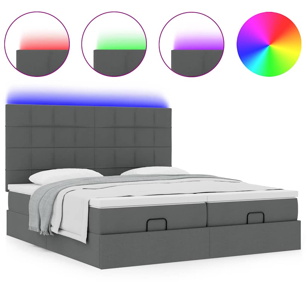 Ottoman bed with mattress &amp; LEDs dark grey 180x200 cm fabric