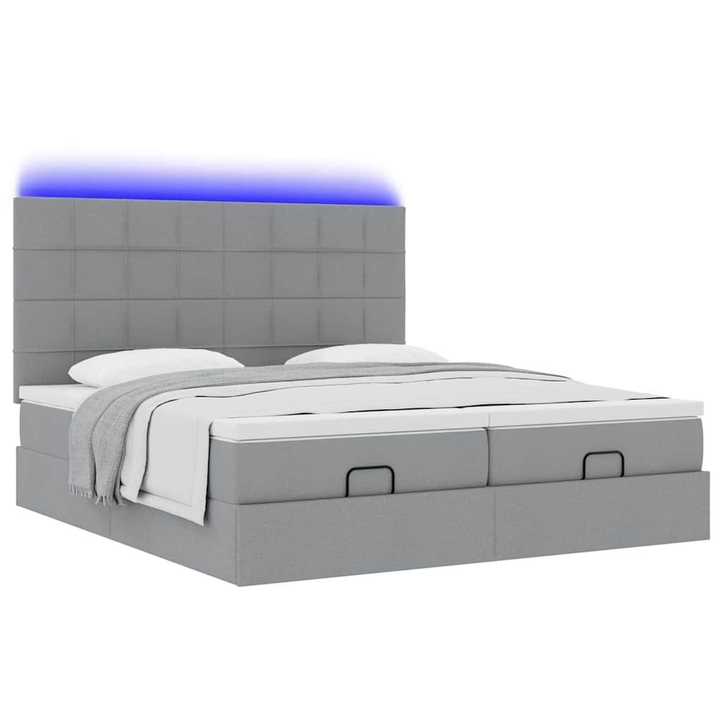 Ottoman bed with mattresses &amp; LEDs light grey 200x200 cm fabric