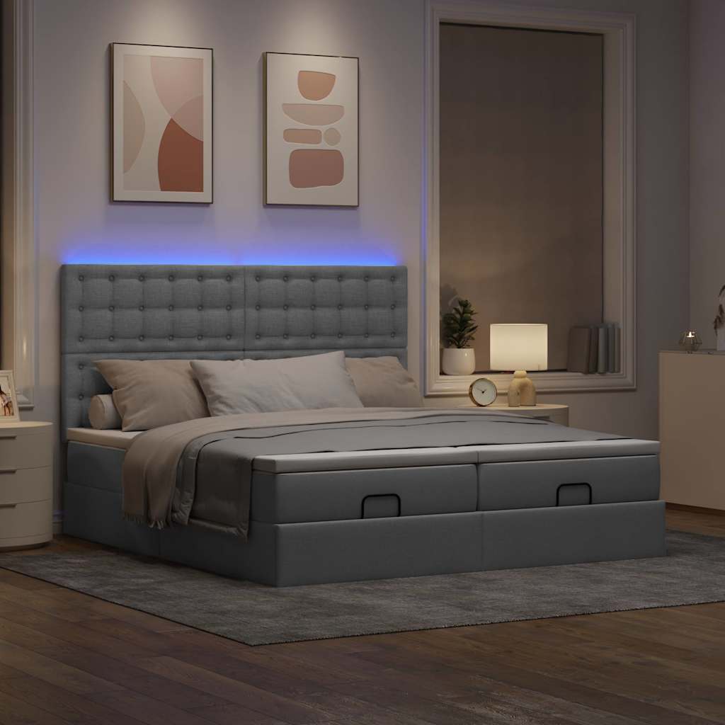 Ottoman bed with mattresses &amp; LEDs light grey 180x200 cm fabric