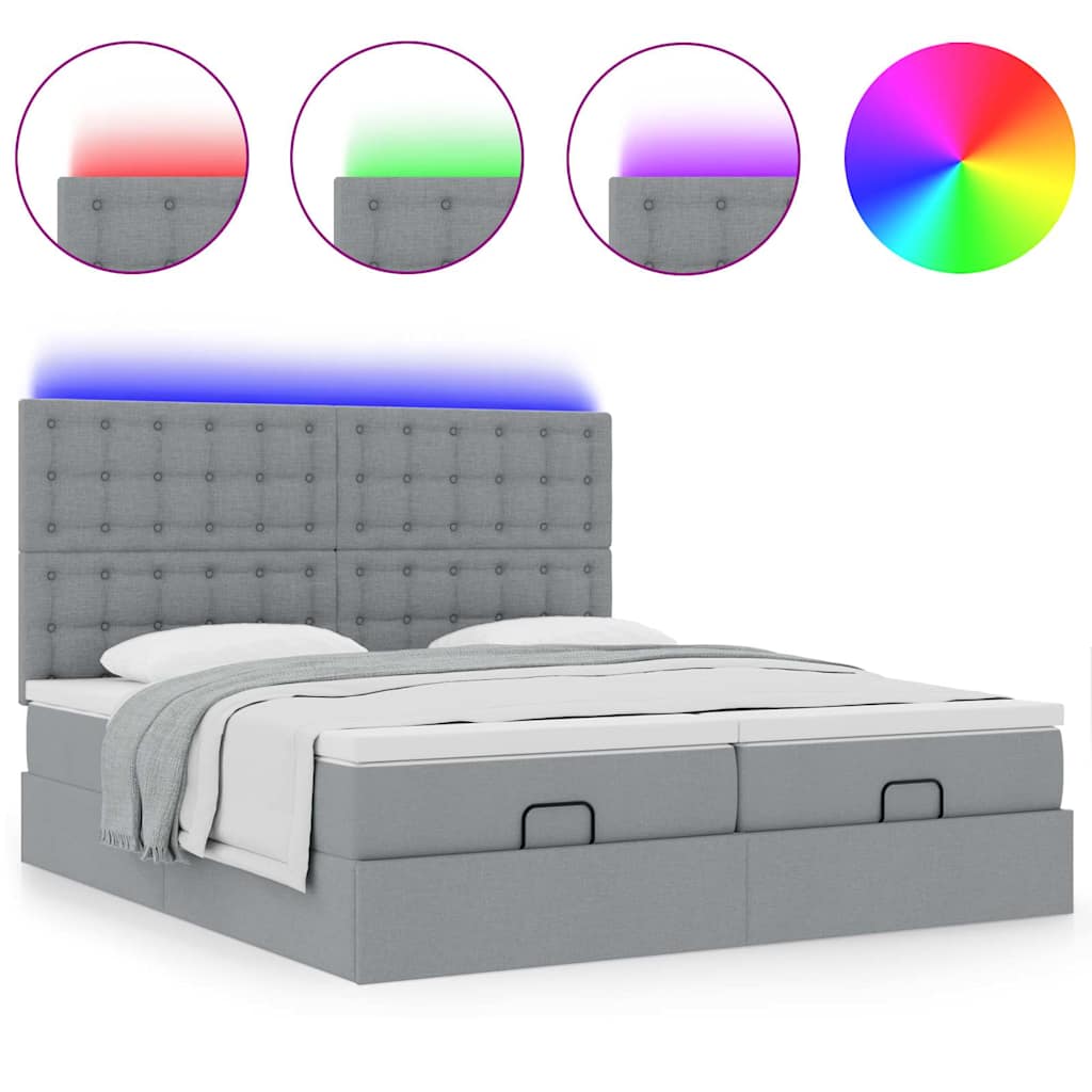 Ottoman bed with mattresses &amp; LEDs light grey 180x200 cm fabric