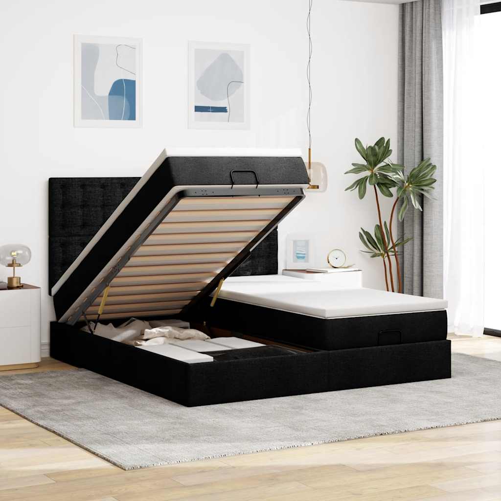 Ottoman-Bett mit Matratzen & LEDs Schwarz 180x200 cm Stoff