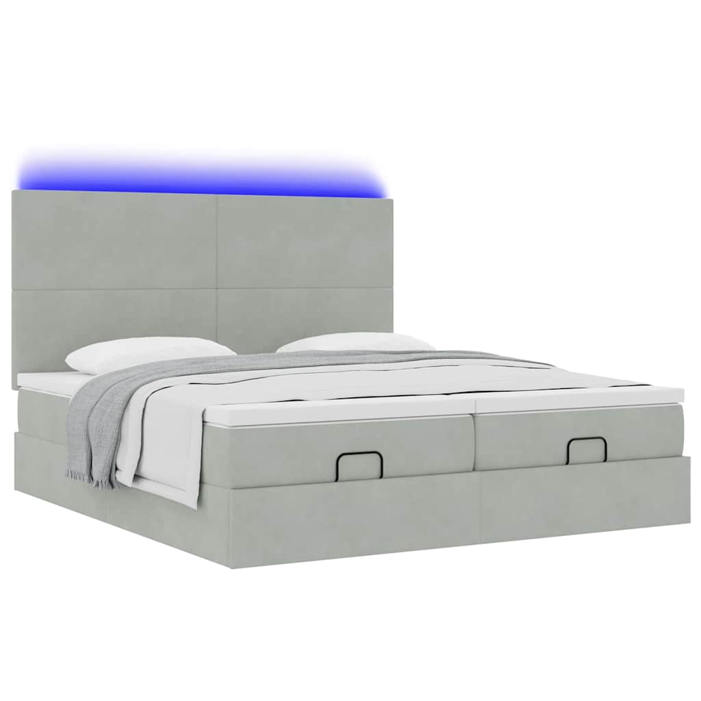 Ottoman-Bett mit Matratzen & LEDs Hellgrau 200x200 cm Samt