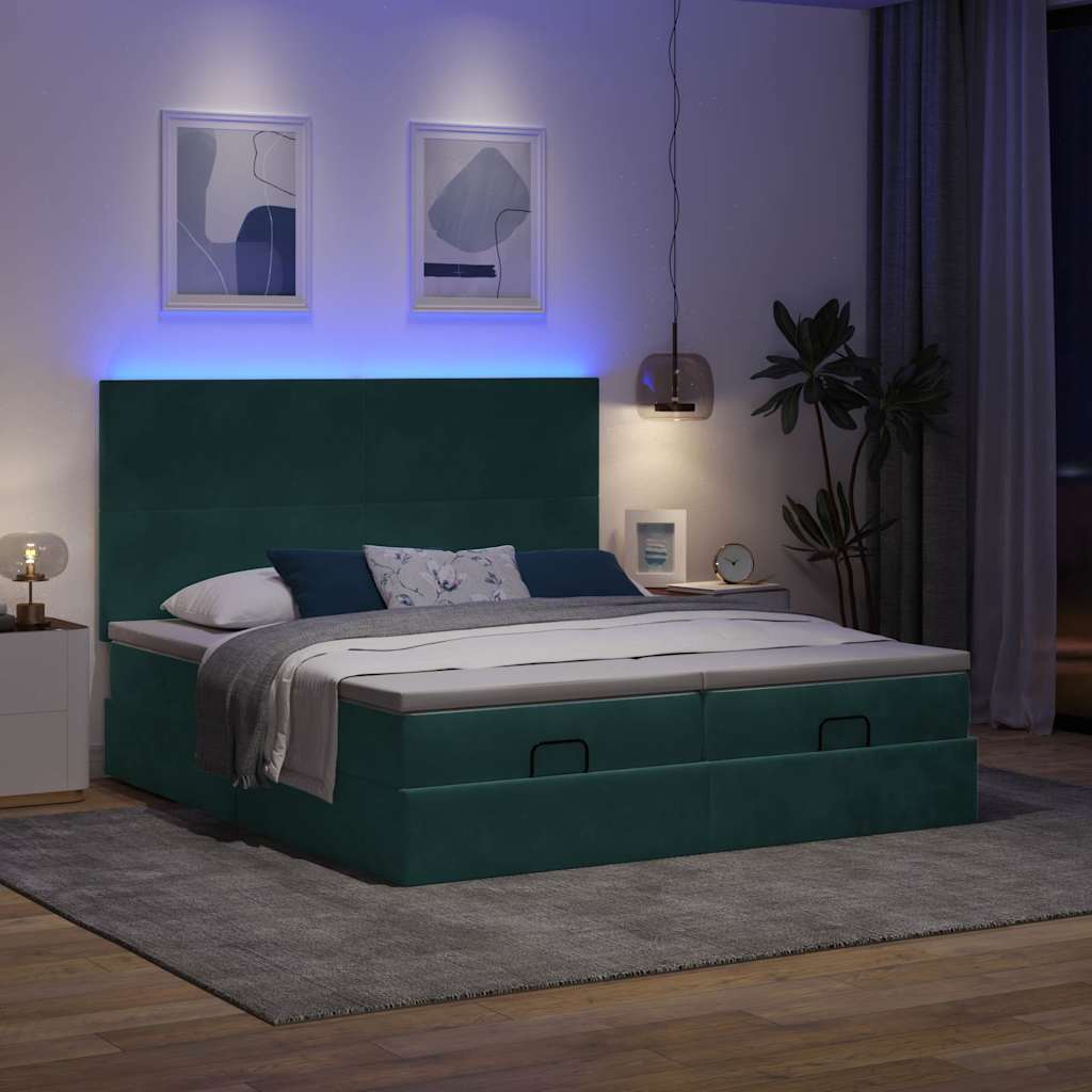 Ottoman-Bett mit Matratzen & LEDs Dunkelgrün 200x200 cm Samt