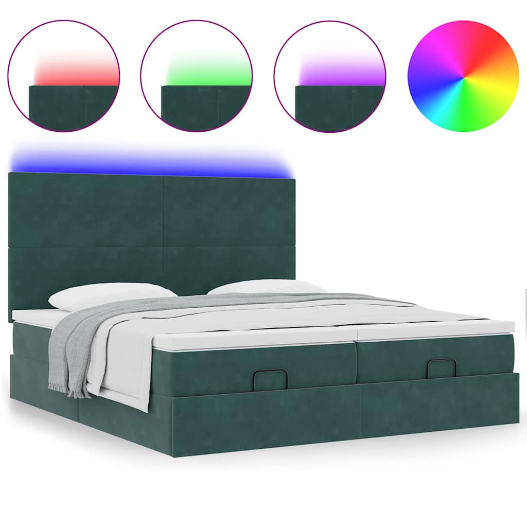 Ottoman-Bett mit Matratzen & LEDs Dunkelgrün 200x200 cm Samt