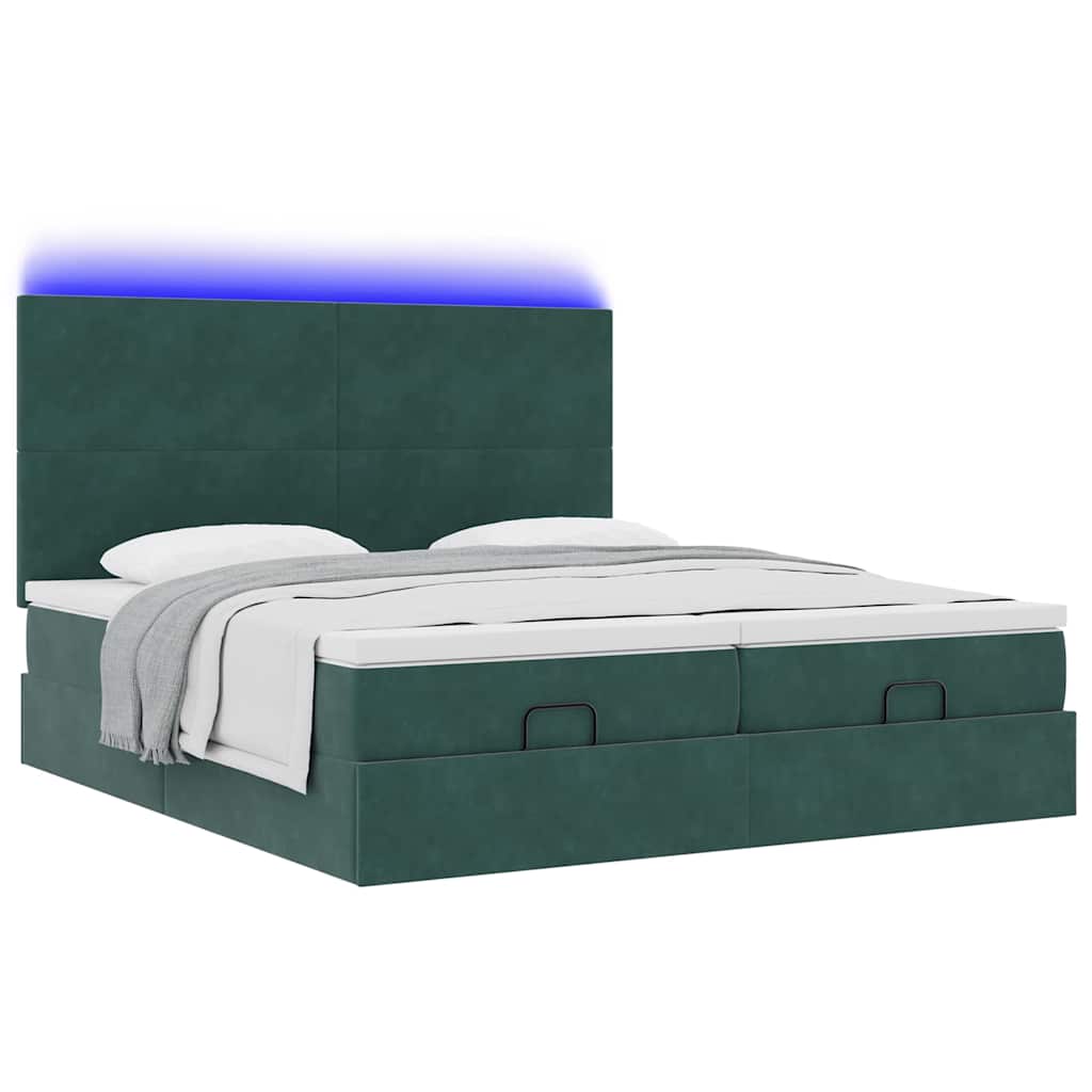 Ottoman-Bett mit Matratzen & LEDs Dunkelgrün 200x200 cm Samt