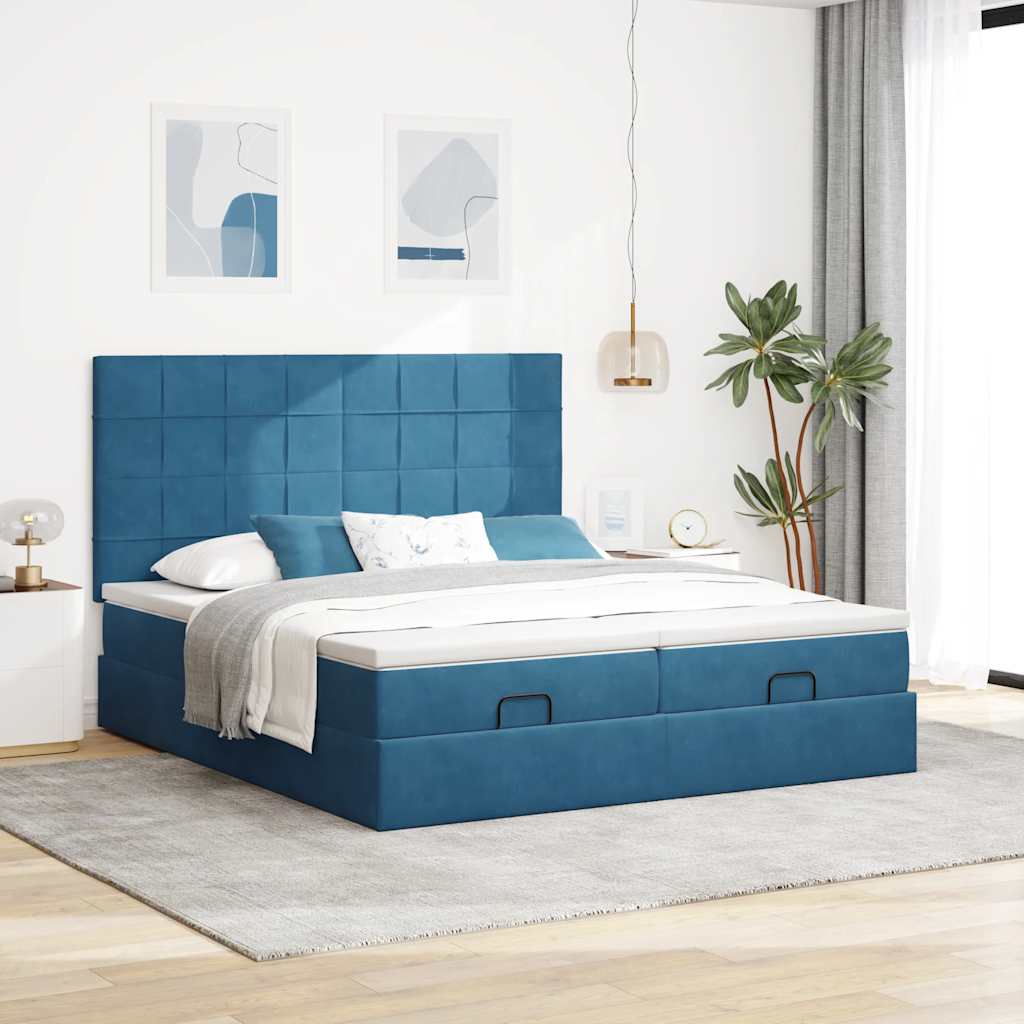 Ottoman bed with mattress &amp; LED dark blue 200x200 cm velvet