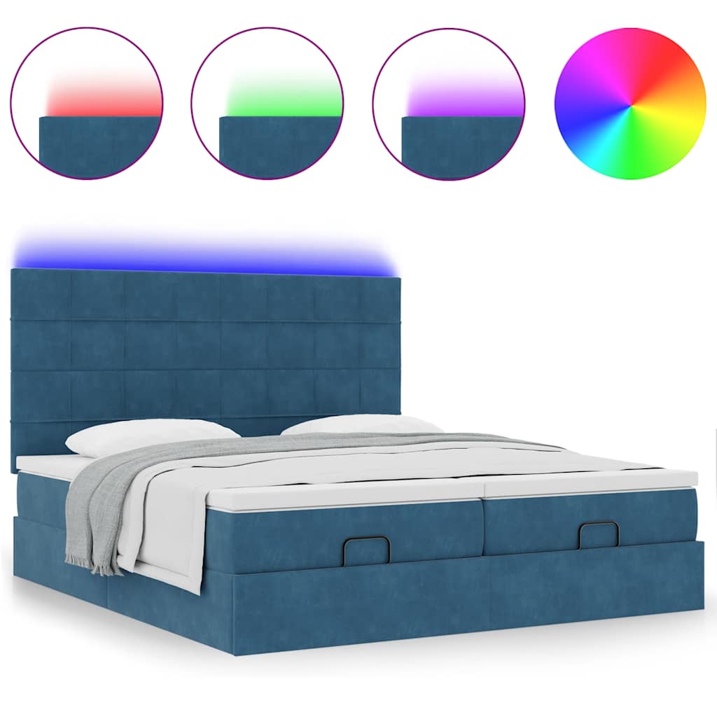 Ottoman bed with mattress &amp; LED dark blue 200x200 cm velvet