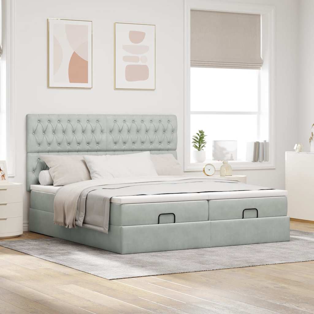 Ottoman-Bett mit Matratzen & LEDs Hellgrau 200x200 cm Samt