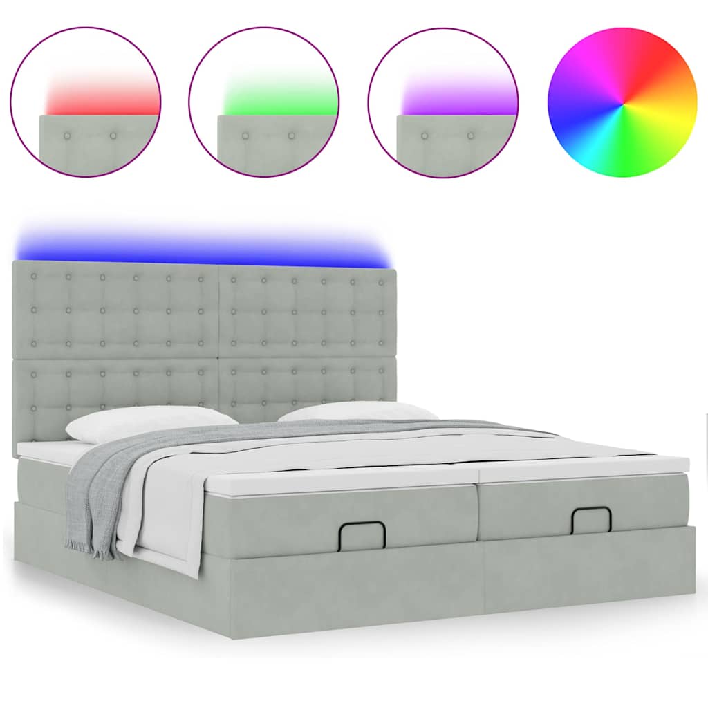 Ottoman bed with mattresses &amp; LEDs light grey 180x200 cm velvet