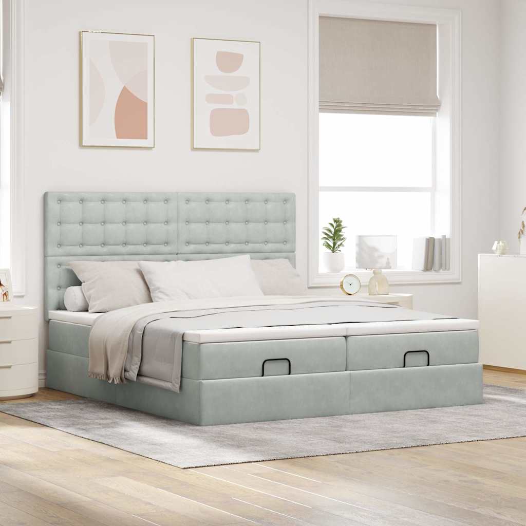 Ottoman bed with mattresses &amp; LEDs light grey 200x200 cm velvet