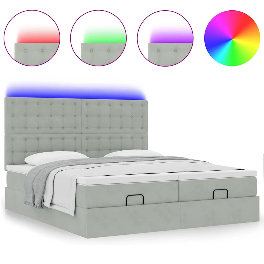 Ottoman bed with mattresses &amp; LEDs light grey 200x200 cm velvet