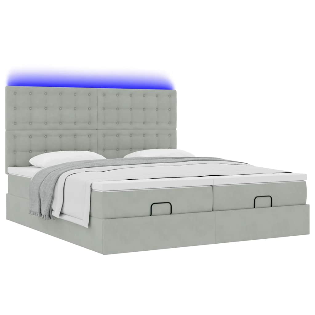Ottoman bed with mattresses &amp; LEDs light grey 200x200 cm velvet