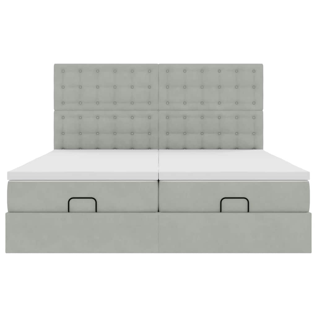 Ottoman bed with mattresses &amp; LEDs light grey 200x200 cm velvet