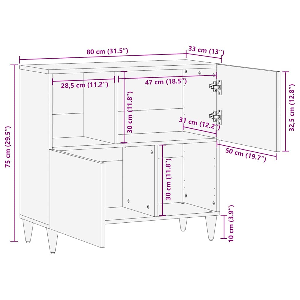 Sideboard mit Regal Braun 80 x 33.5 x 75 cm Massivholz Mango
