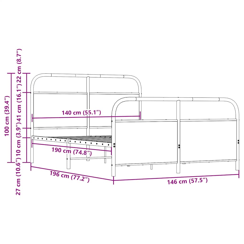 Metal bed without mattress smoked oak 140x190 cm