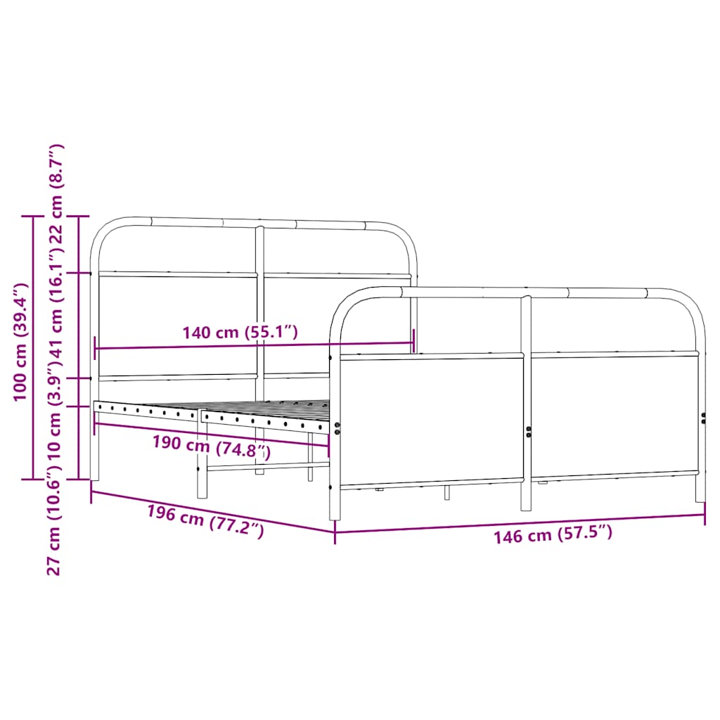 Metal bed without mattress Sonoma oak 140x190 cm