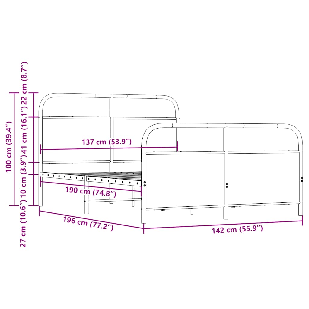 Metallbett ohne Matratze Braun Eichen-Optik 137x190 cm
