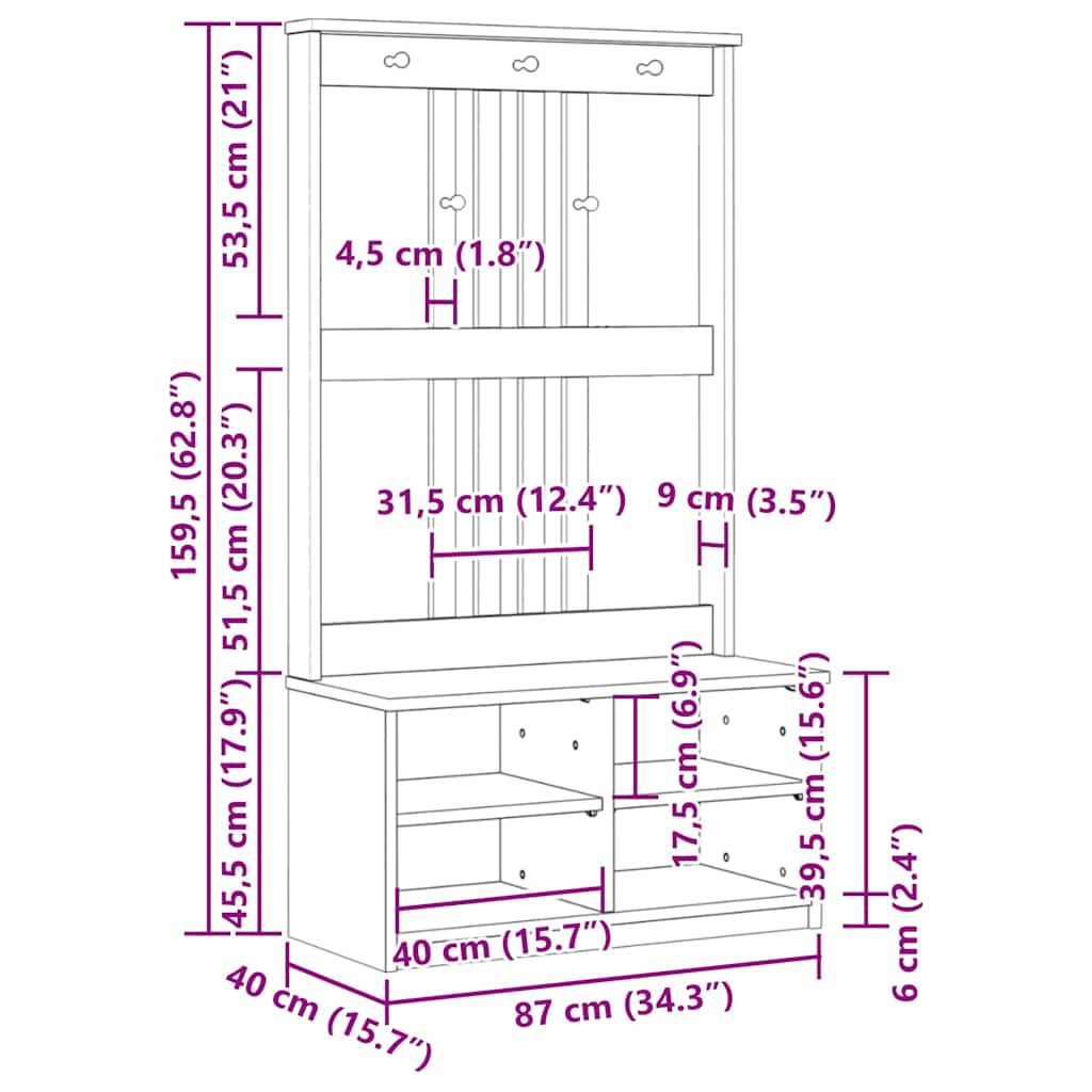 Coat rack SANDNES white 87x40x159.5cm solid pine wood