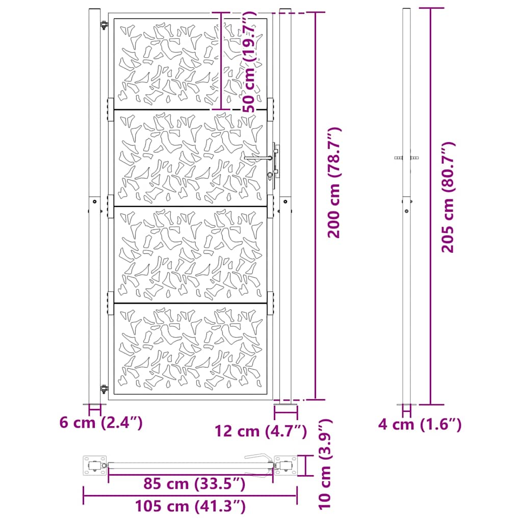 Gartentor 105x205 cm Wetterfester Stahl Blatt-Design