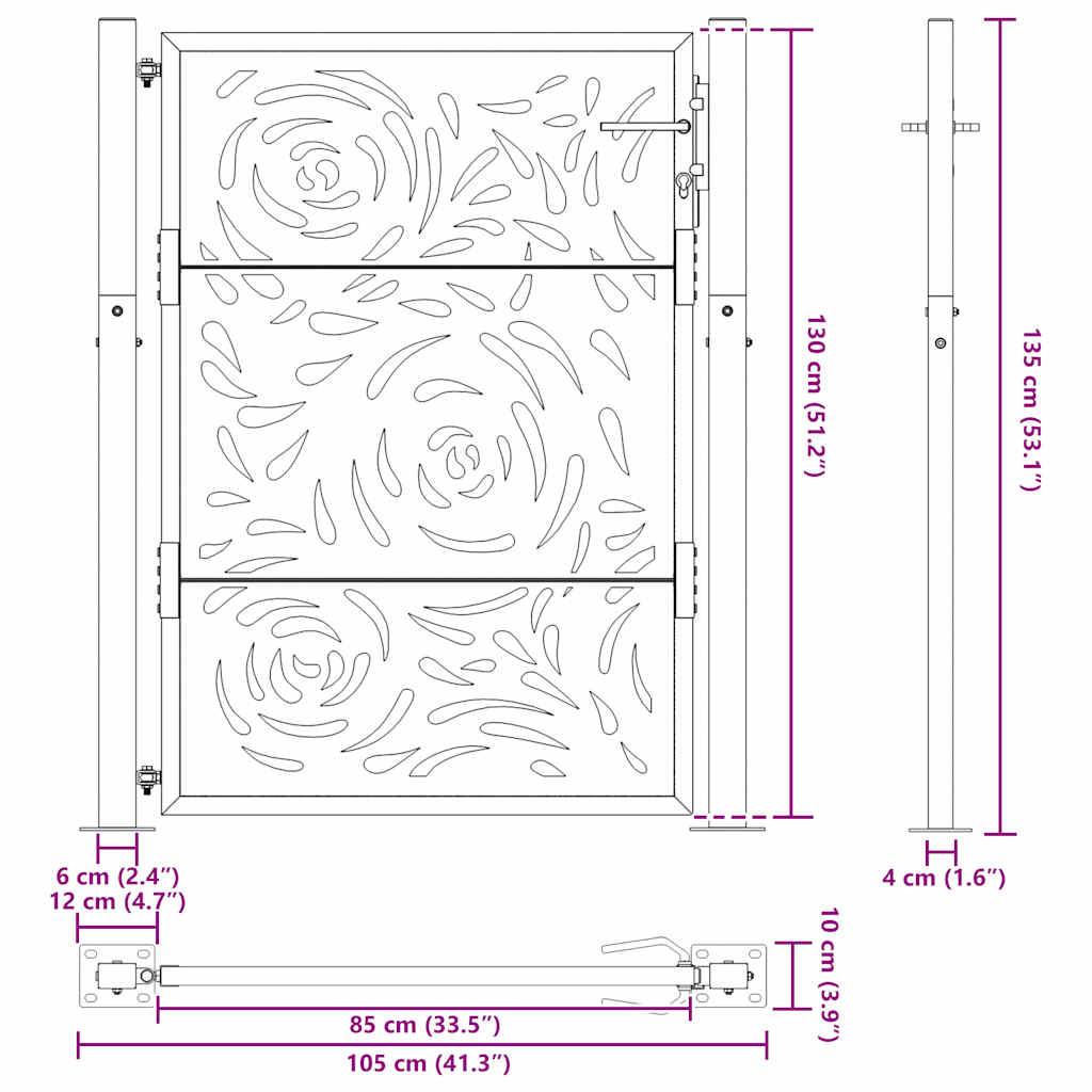 Gartentor Schwarz 105x130 cm Stahl Flammen-Design